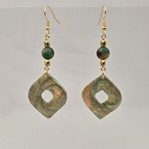 #B79- Artisan Gold and Green Swirl Earrings With Quartz Beads